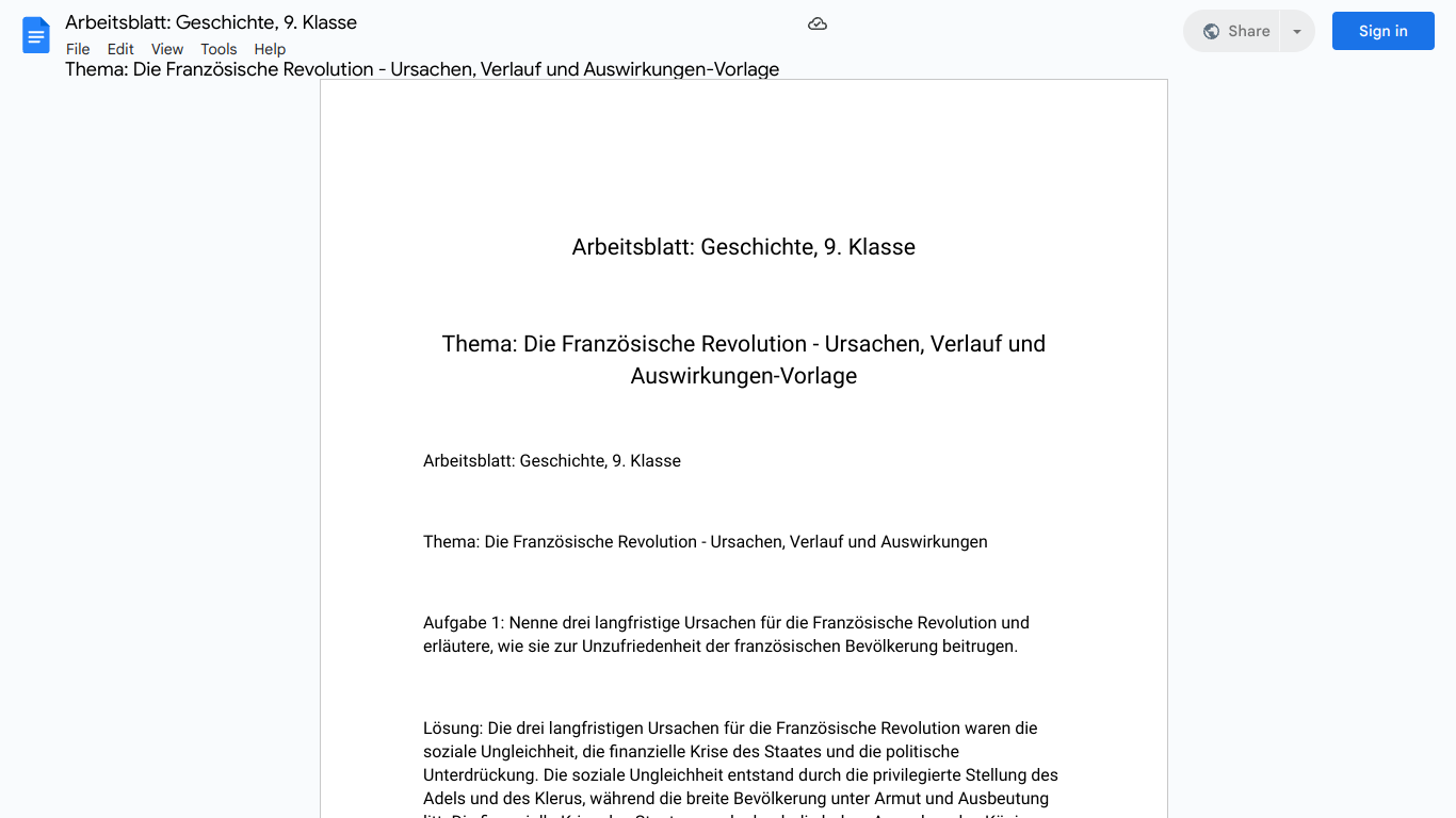 Arbeitsblatt: Geschichte, 9. Klasse

Thema: Die Französische Revolution - Ursachen, Verlauf und Auswirkungen-Vorlage