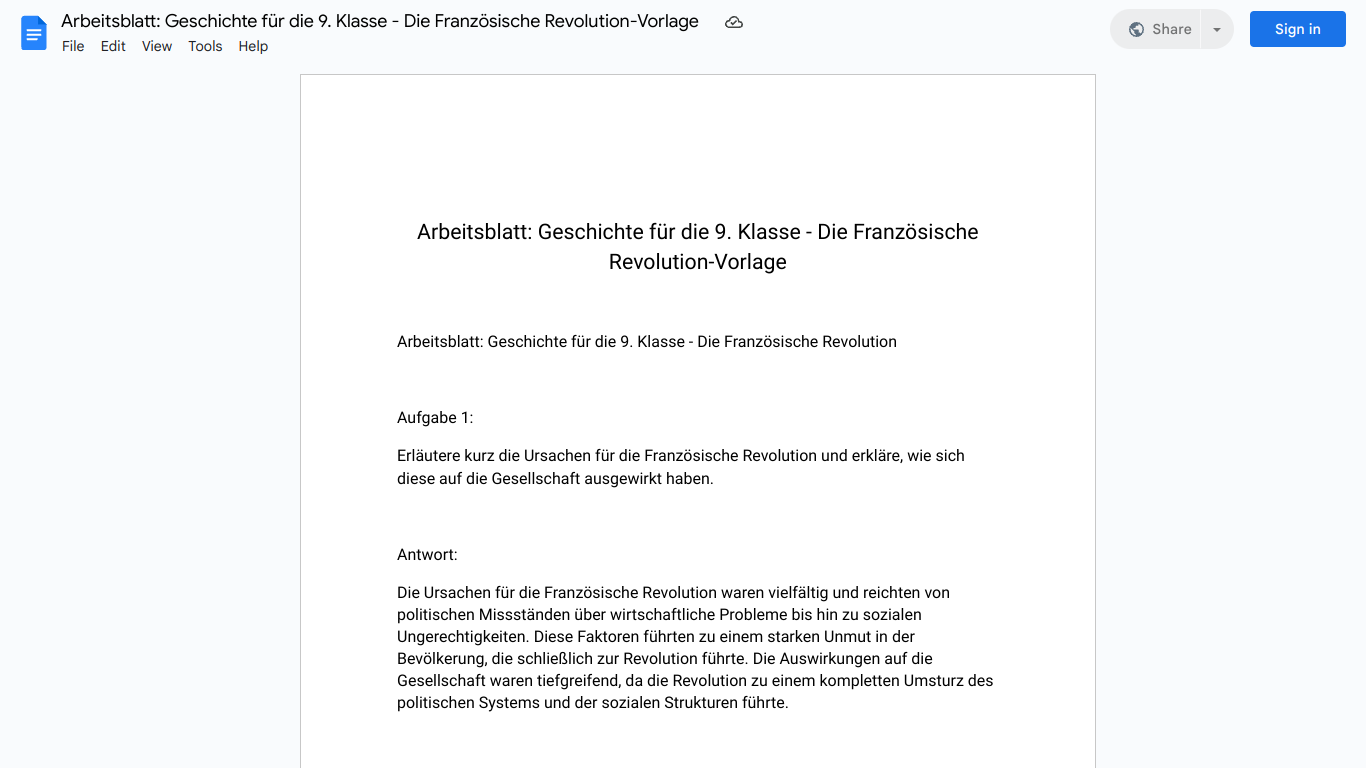 Arbeitsblatt: Geschichte für die 9. Klasse - Die Französische Revolution-Vorlage