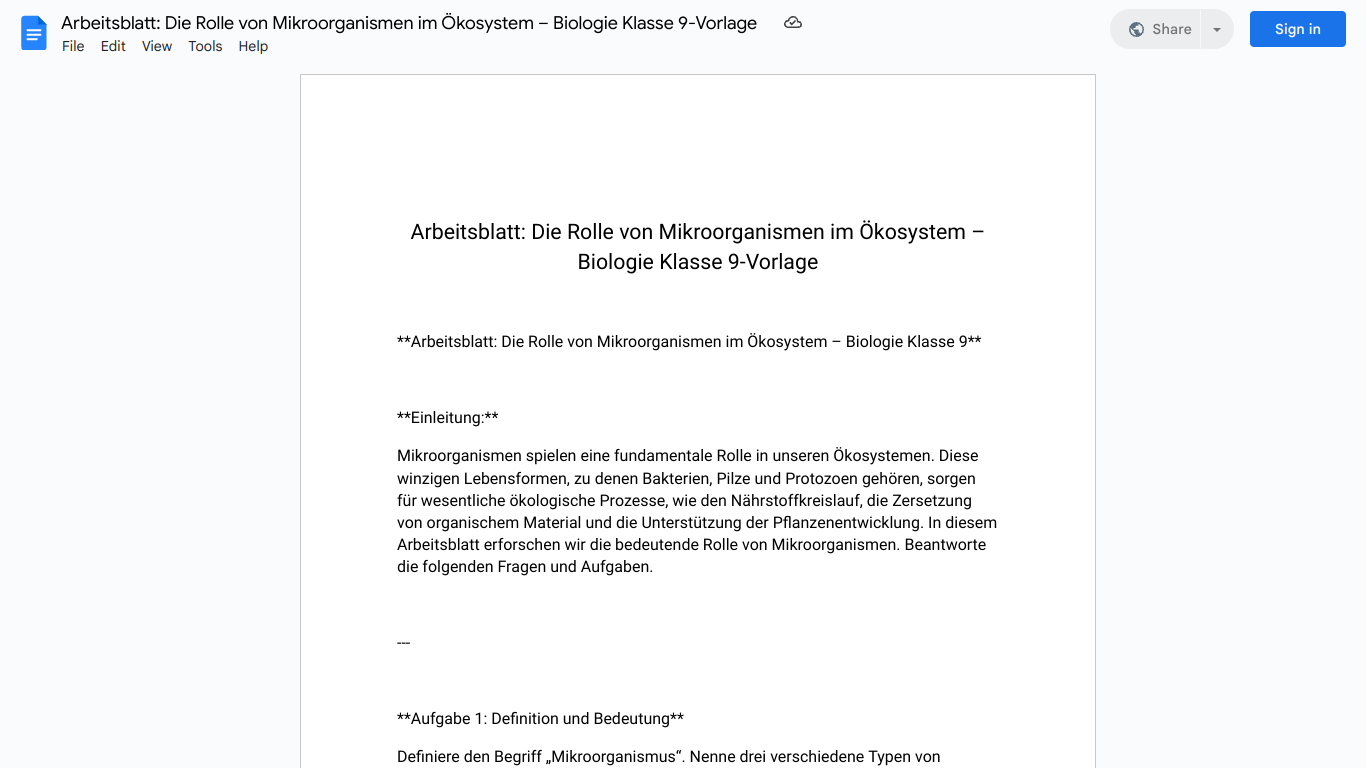 Arbeitsblatt: Die Rolle von Mikroorganismen im Ökosystem – Biologie Klasse 9-Vorlage