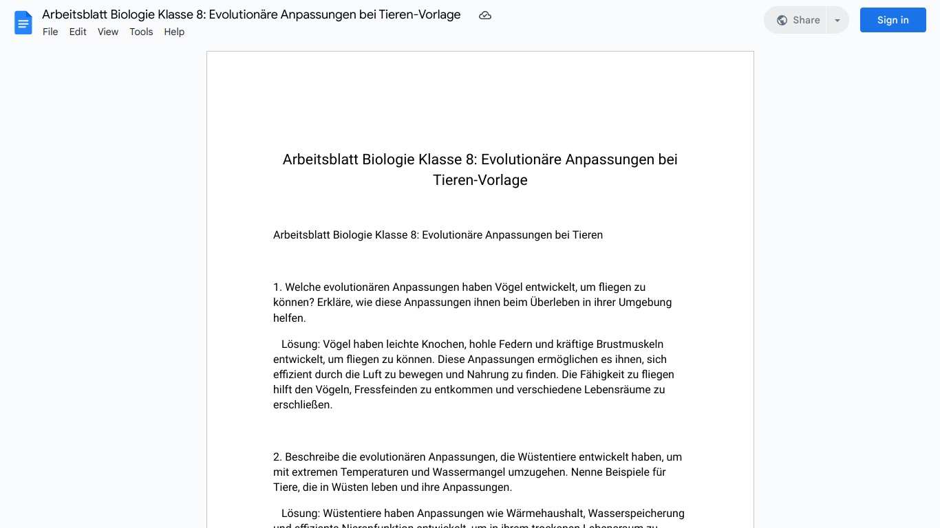 Arbeitsblatt Biologie Klasse 8: Evolutionäre Anpassungen bei Tieren-Vorlage