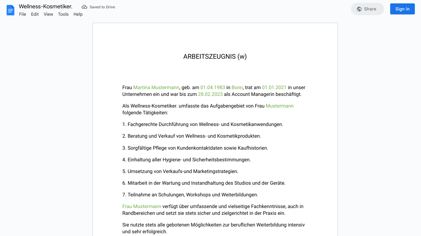 Arbeitszeugnis-Wellness-Kosmetiker. – Simply Download