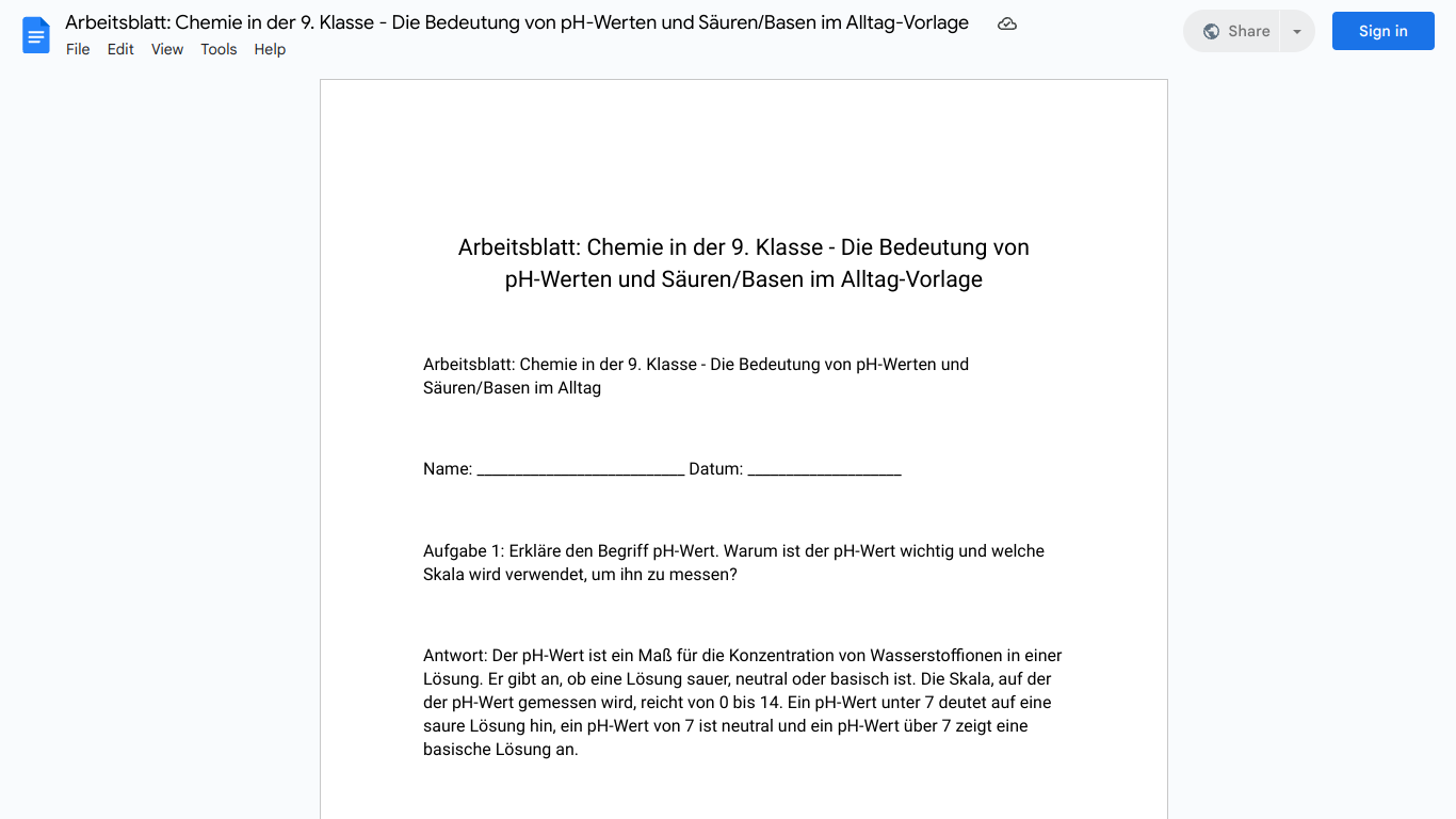 Arbeitsblatt: Chemie in der 9. Klasse - Die Bedeutung von pH-Werten und Säuren/Basen im Alltag-Vorlage