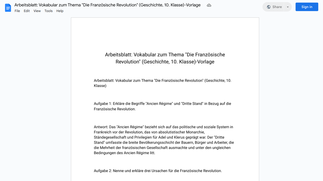 Arbeitsblatt: Vokabular zum Thema "Die Französische Revolution" (Geschichte, 10. Klasse)-Vorlage