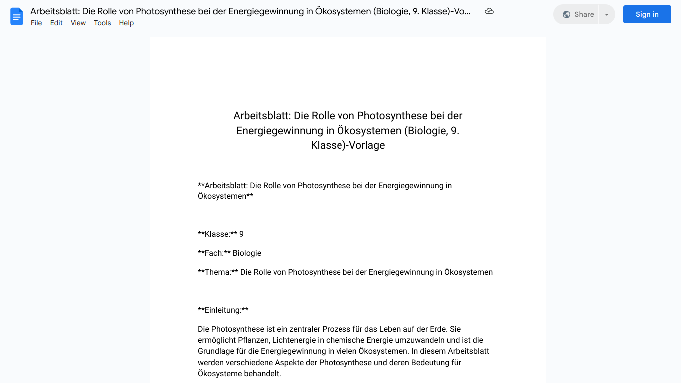 Arbeitsblatt: Die Rolle von Photosynthese bei der Energiegewinnung in Ökosystemen (Biologie, 9. Klasse)-Vorlage