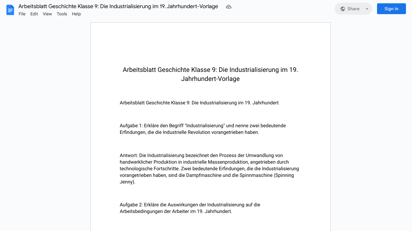 Arbeitsblatt Geschichte Klasse 9: Die Industrialisierung im 19. Jahrhundert-Vorlage