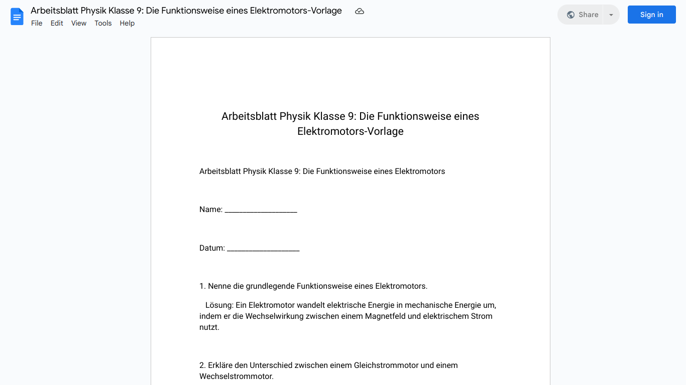 Arbeitsblatt Physik Klasse 9: Die Funktionsweise eines Elektromotors-Vorlage