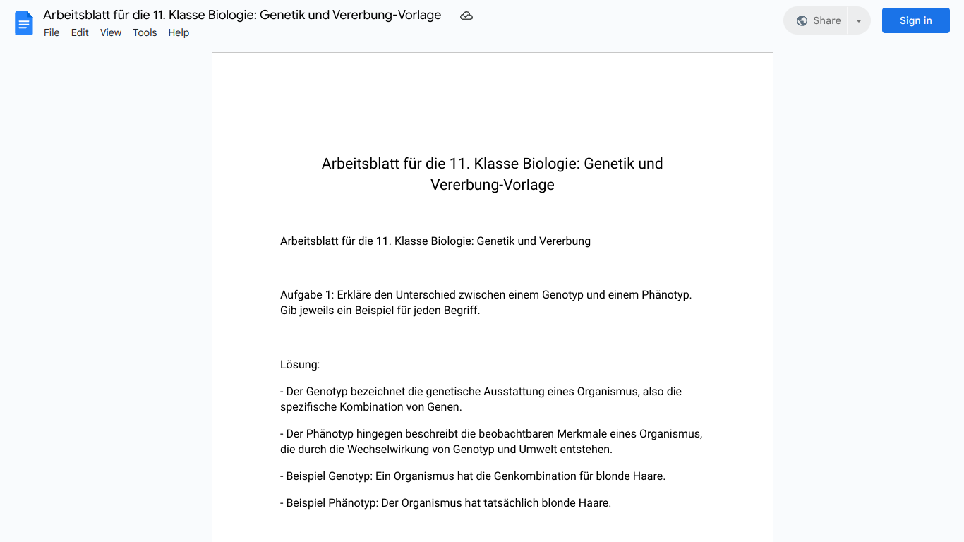 Arbeitsblatt für die 11. Klasse Biologie: Genetik und Vererbung-Vorlage