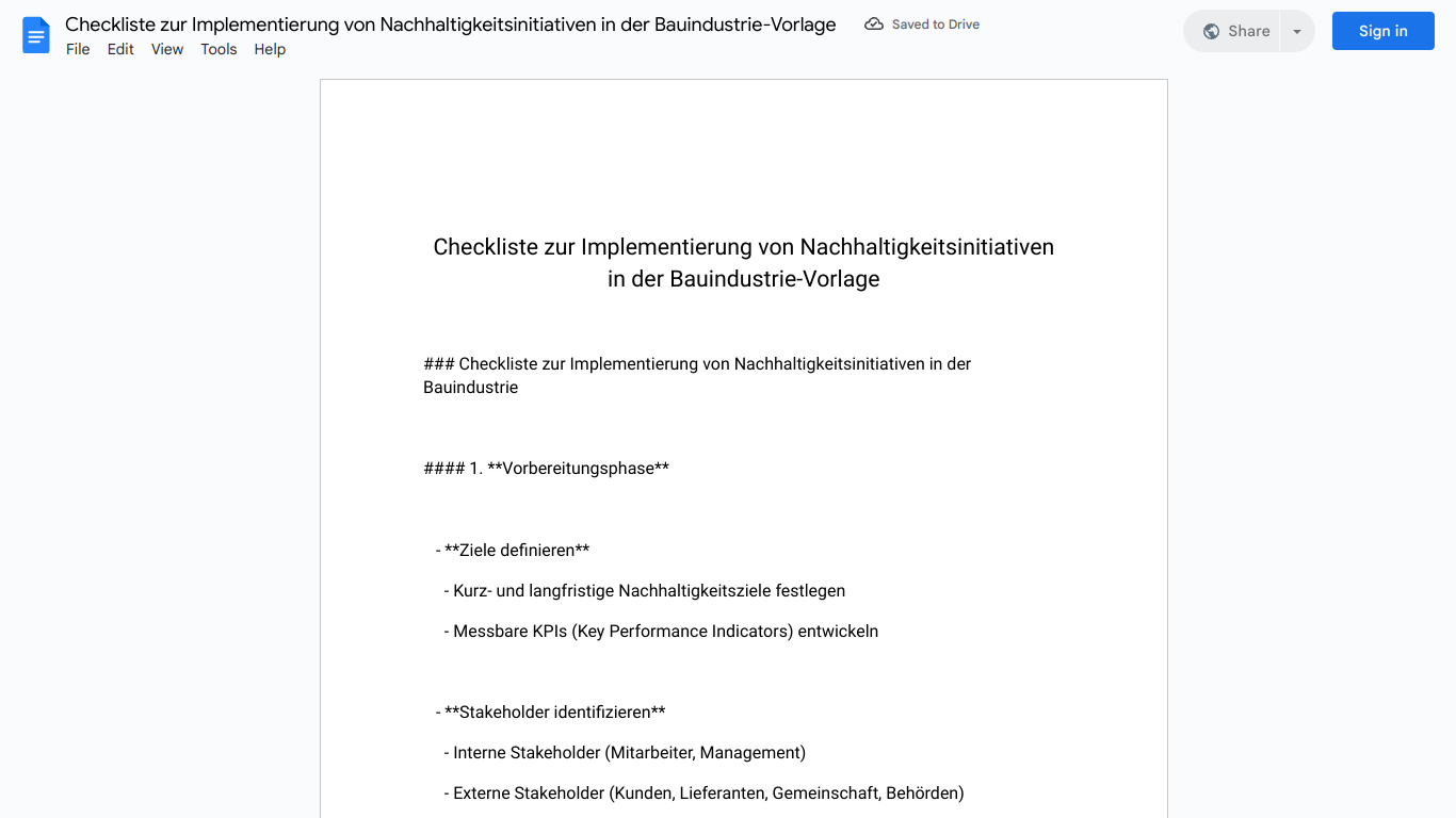 Checkliste zur Implementierung von Nachhaltigkeitsinitiativen in der Bauindustrie-Vorlage