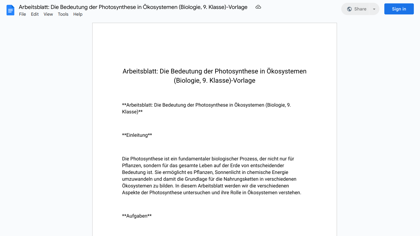 Arbeitsblatt: Die Bedeutung der Photosynthese in Ökosystemen (Biologie, 9. Klasse)-Vorlage