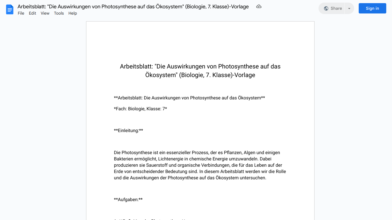 Arbeitsblatt: "Die Auswirkungen von Photosynthese auf das Ökosystem" (Biologie, 7. Klasse)-Vorlage