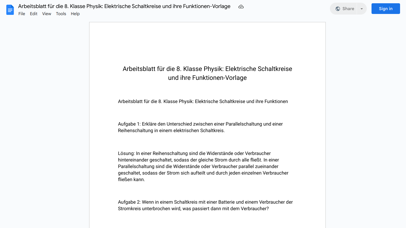 Arbeitsblatt für die 8. Klasse Physik: Elektrische Schaltkreise und ihre Funktionen-Vorlage