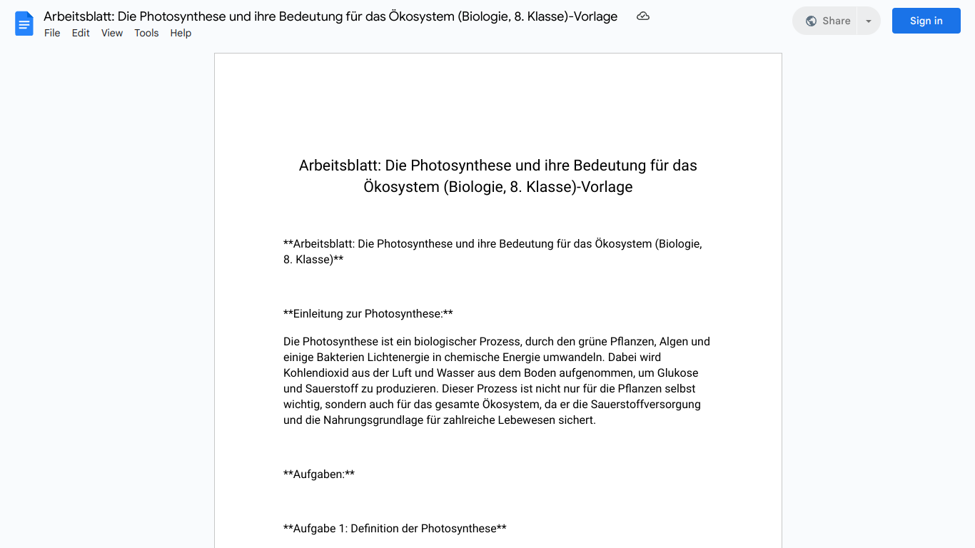 Arbeitsblatt: Die Photosynthese und ihre Bedeutung für das Ökosystem (Biologie, 8. Klasse)-Vorlage