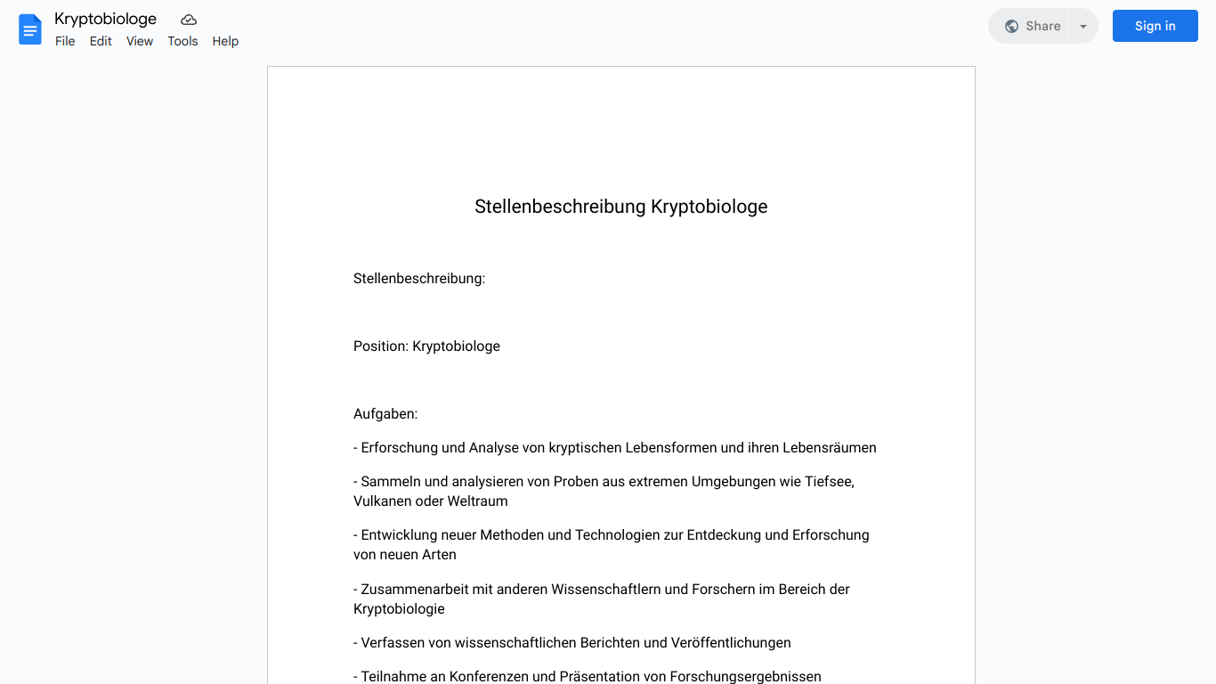 Stellenbeschreibung-Kryptobiologe