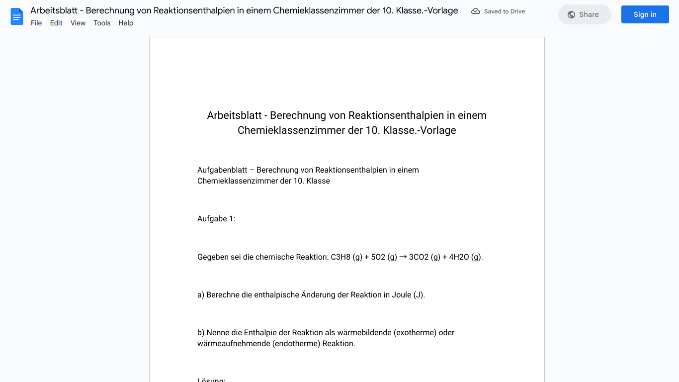 Arbeitsblatt - Berechnung von Reaktionsenthalpien in einem Chemieklassenzimmer der 10. Klasse.-Vorlage