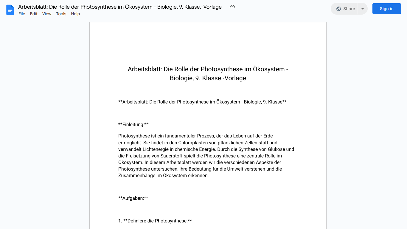 Arbeitsblatt: Die Rolle der Photosynthese im Ökosystem - Biologie, 9. Klasse.-Vorlage