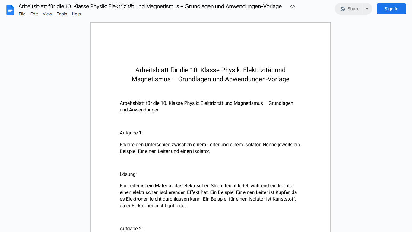 Arbeitsblatt für die 10. Klasse Physik: Elektrizität und Magnetismus – Grundlagen und Anwendungen-Vorlage