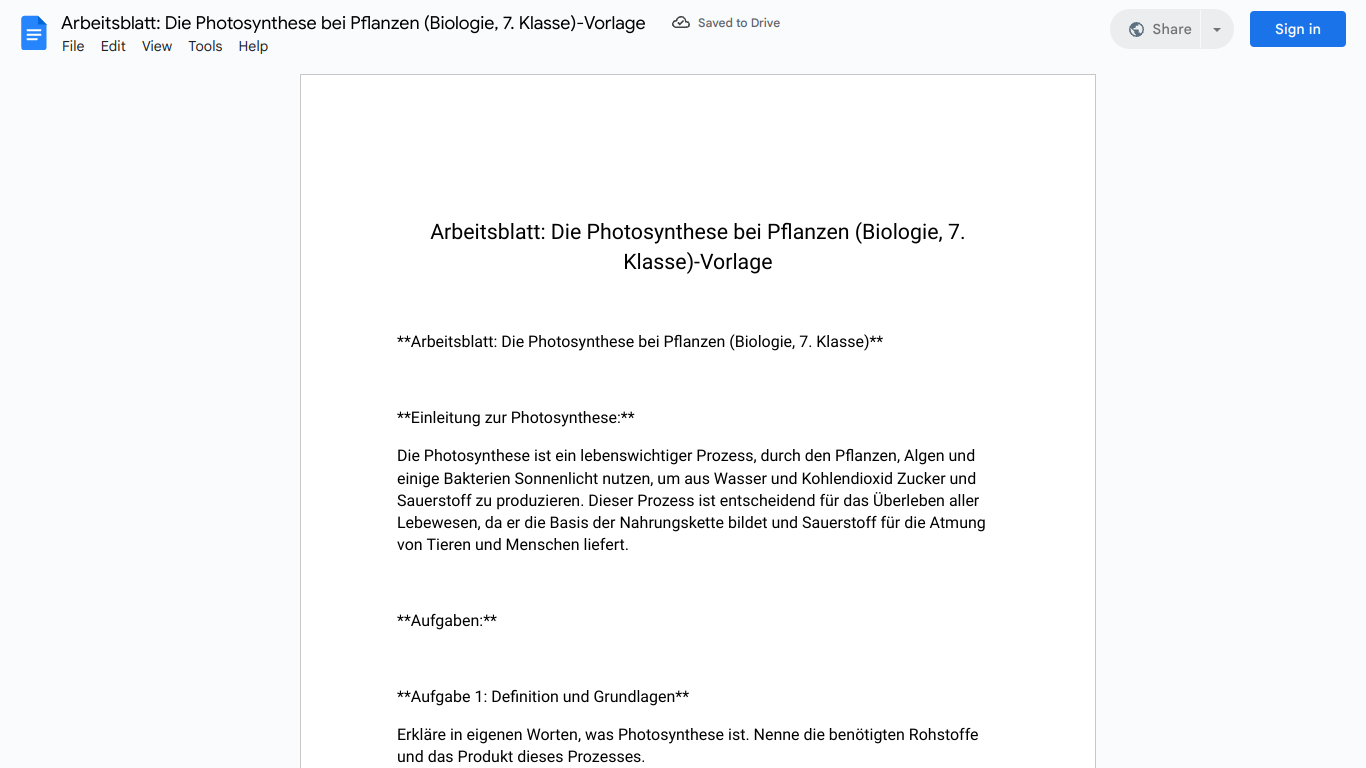 Arbeitsblatt: Die Photosynthese bei Pflanzen (Biologie, 7. Klasse)-Vorlage