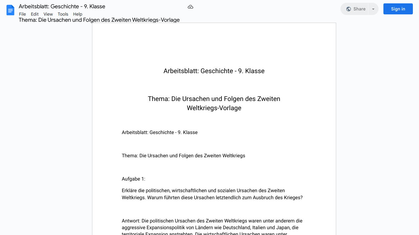 Arbeitsblatt: Geschichte - 9. Klasse

Thema: Die Ursachen und Folgen des Zweiten Weltkriegs-Vorlage