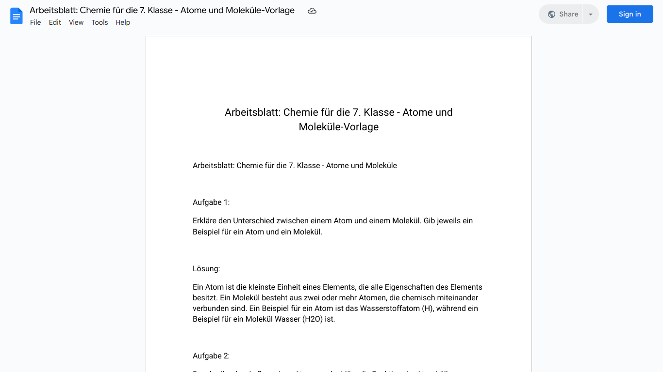 Arbeitsblatt: Chemie für die 7. Klasse - Atome und Moleküle-Vorlage