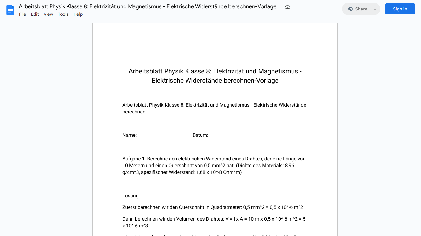 Arbeitsblatt Physik Klasse 8: Elektrizität und Magnetismus - Elektrische Widerstände berechnen-Vorlage