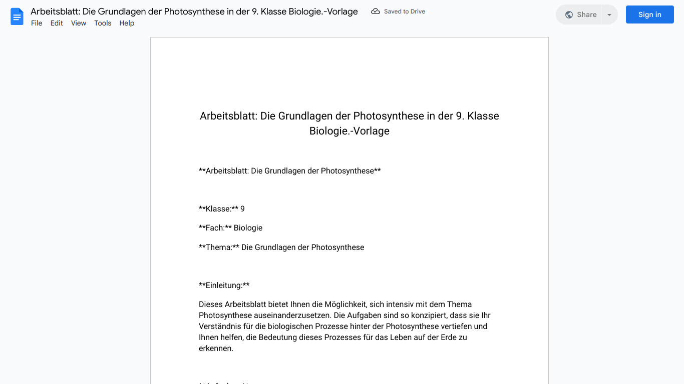 Arbeitsblatt: Die Grundlagen der Photosynthese in der 9. Klasse Biologie.-Vorlage