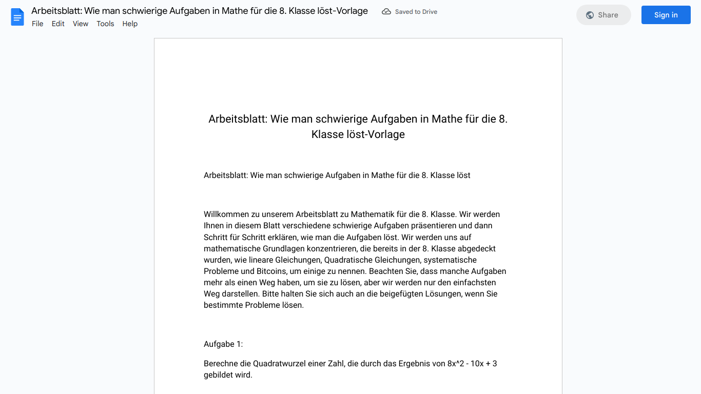 Arbeitsblatt: Wie man schwierige Aufgaben in Mathe für die 8. Klasse löst-Vorlage