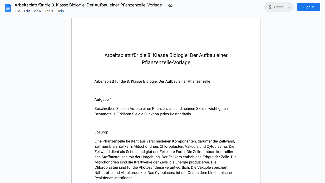 Arbeitsblatt für die 8. Klasse Biologie: Der Aufbau einer Pflanzenzelle-Vorlage