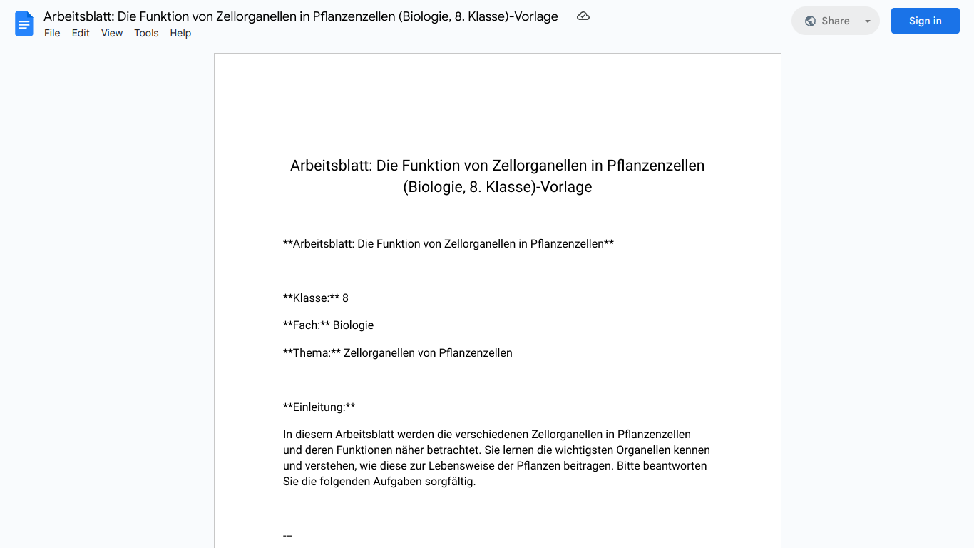 Arbeitsblatt: Die Funktion von Zellorganellen in Pflanzenzellen (Biologie, 8. Klasse)-Vorlage