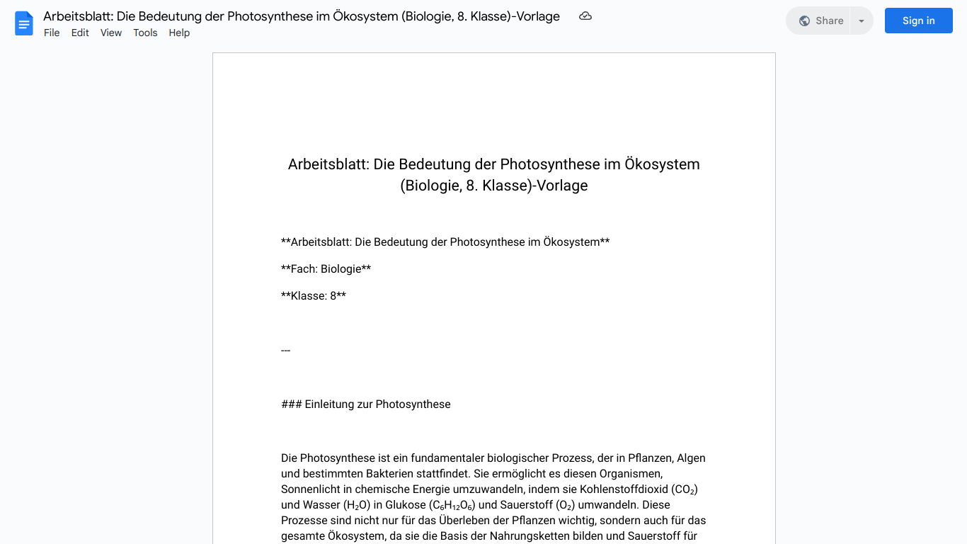 Arbeitsblatt: Die Bedeutung der Photosynthese im Ökosystem (Biologie, 8. Klasse)-Vorlage