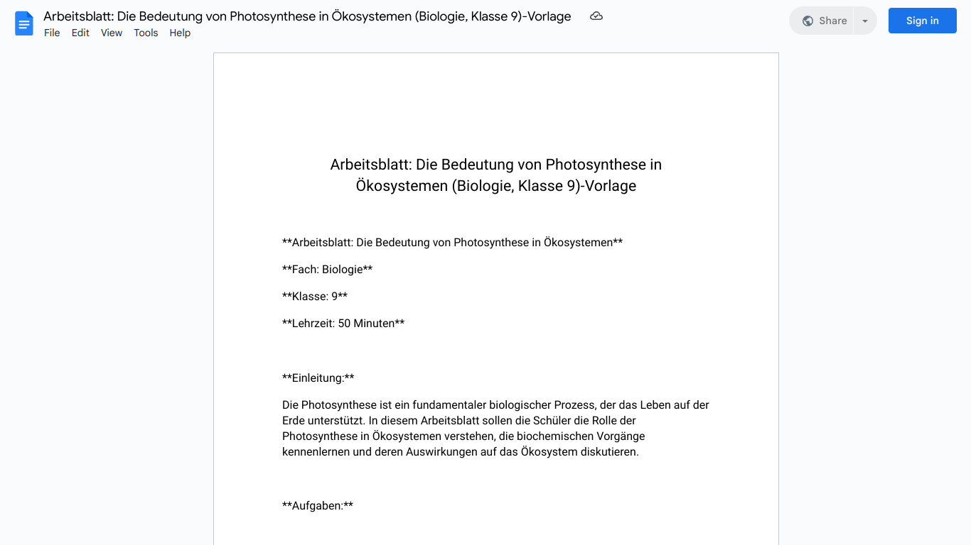 Arbeitsblatt: Die Bedeutung von Photosynthese in Ökosystemen (Biologie, Klasse 9)-Vorlage