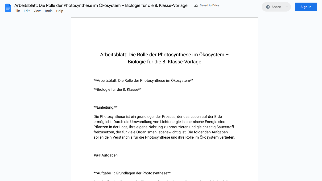 Arbeitsblatt: Die Rolle der Photosynthese im Ökosystem – Biologie für die 8. Klasse-Vorlage