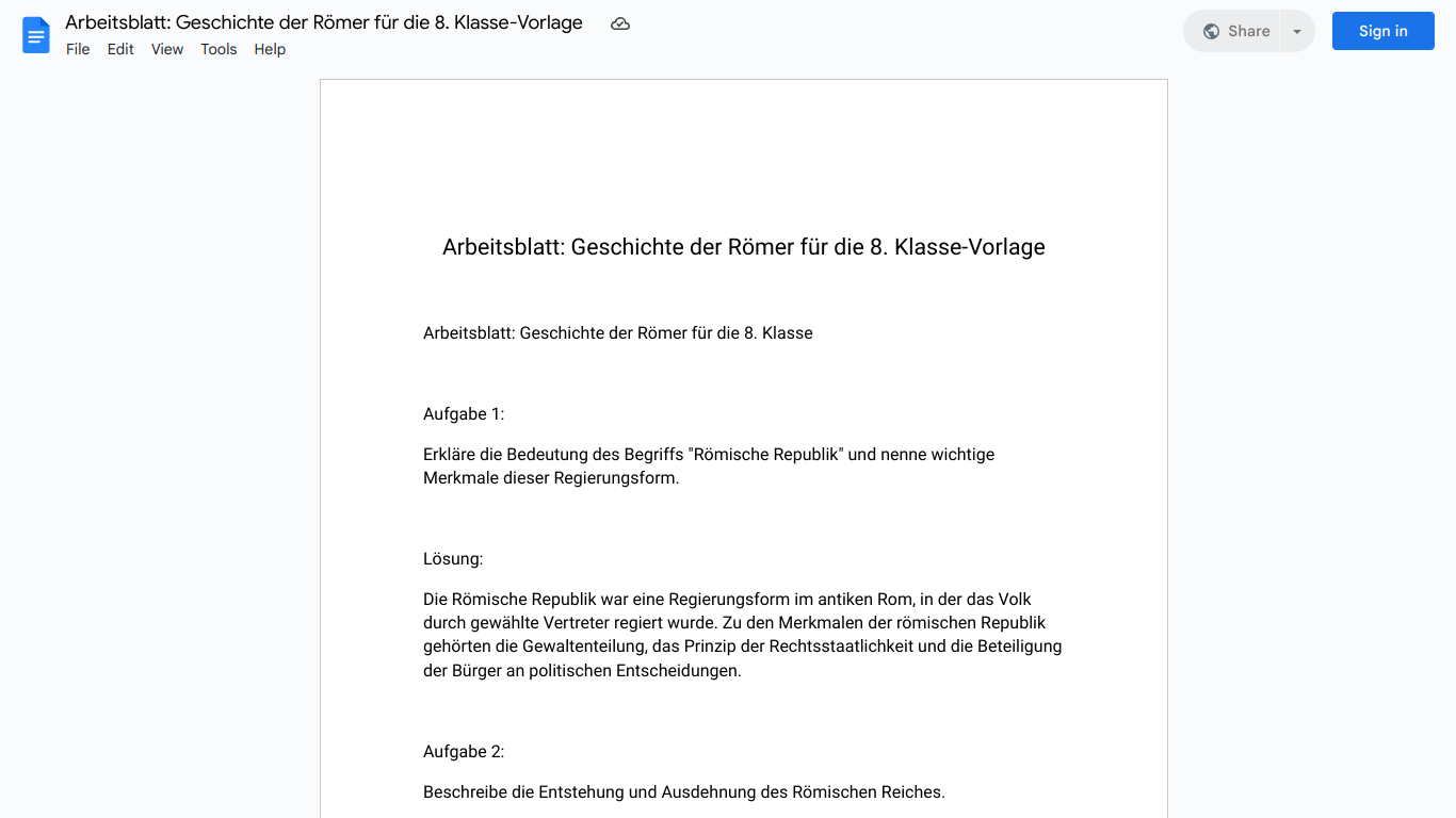 Arbeitsblatt: Geschichte der Römer für die 8. Klasse-Vorlage