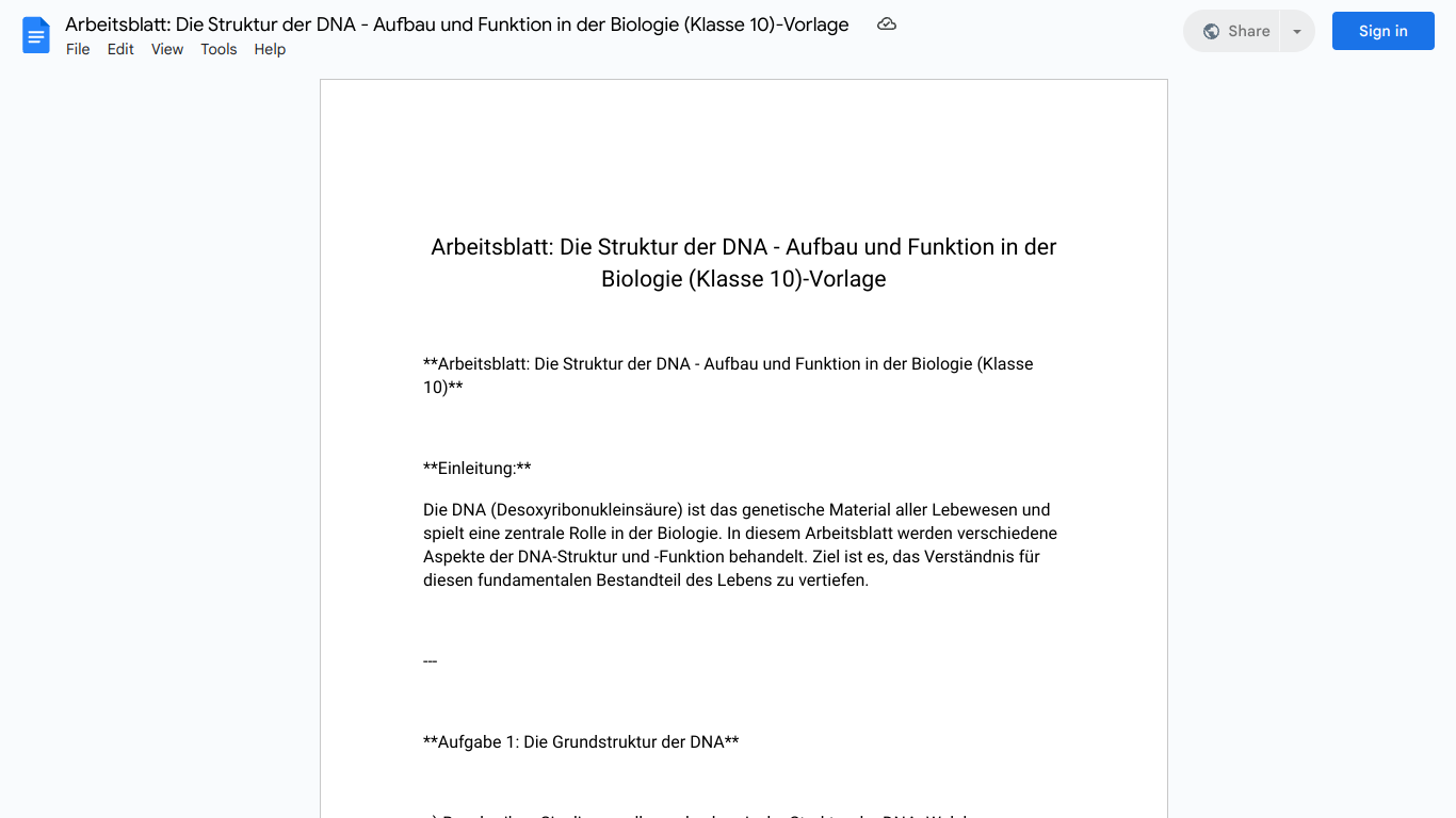 Arbeitsblatt: Die Struktur der DNA - Aufbau und Funktion in der Biologie (Klasse 10)-Vorlage