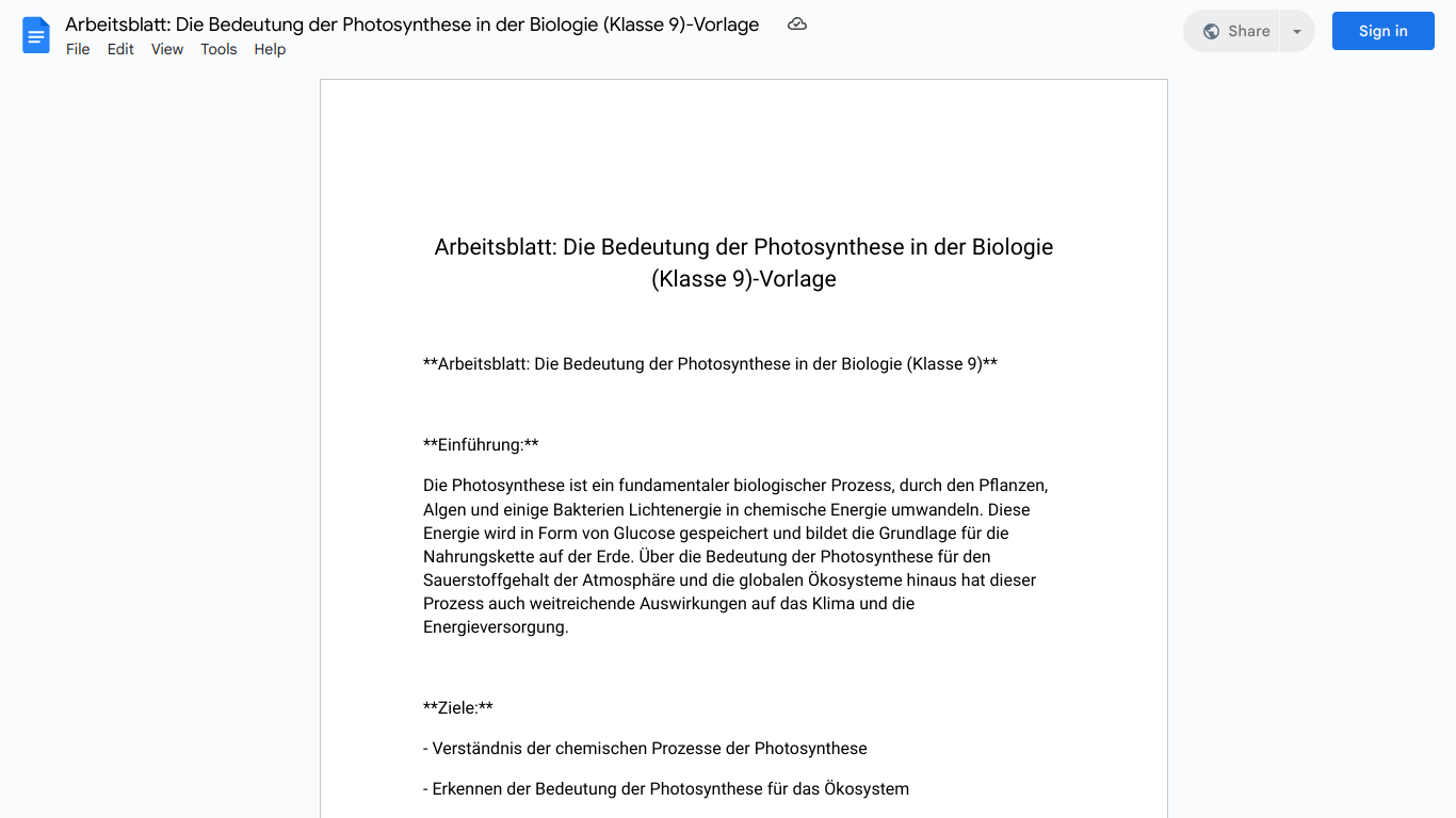 Arbeitsblatt: Die Bedeutung der Photosynthese in der Biologie (Klasse 9)-Vorlage