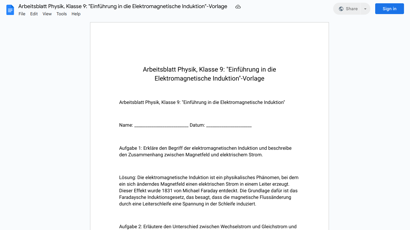 Arbeitsblatt Physik, Klasse 9: "Einführung in die Elektromagnetische Induktion"-Vorlage