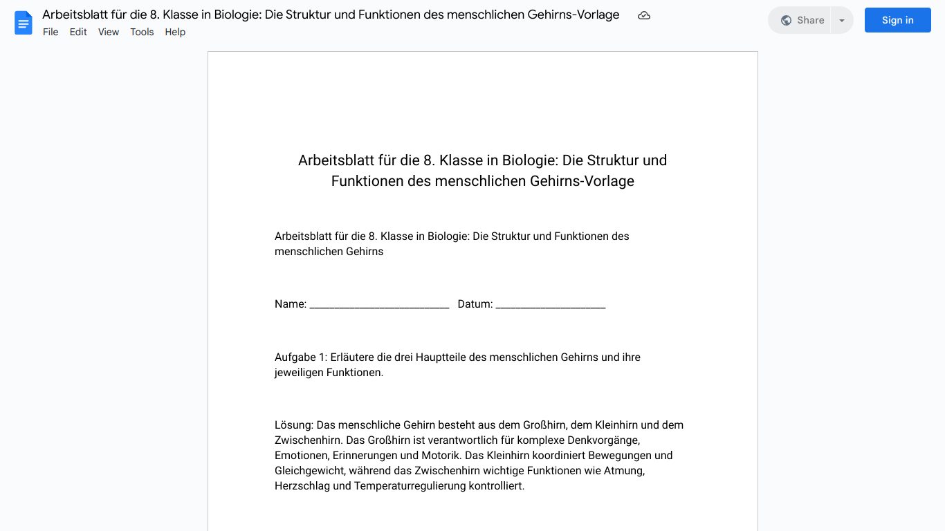 Arbeitsblatt für die 8. Klasse in Biologie: Die Struktur und Funktionen des menschlichen Gehirns-Vorlage