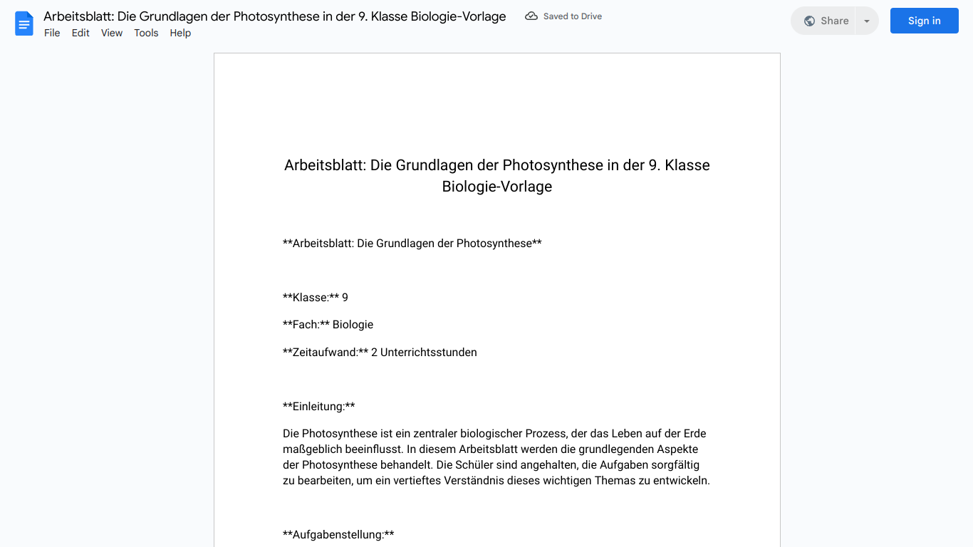 Arbeitsblatt: Die Grundlagen der Photosynthese in der 9. Klasse Biologie-Vorlage