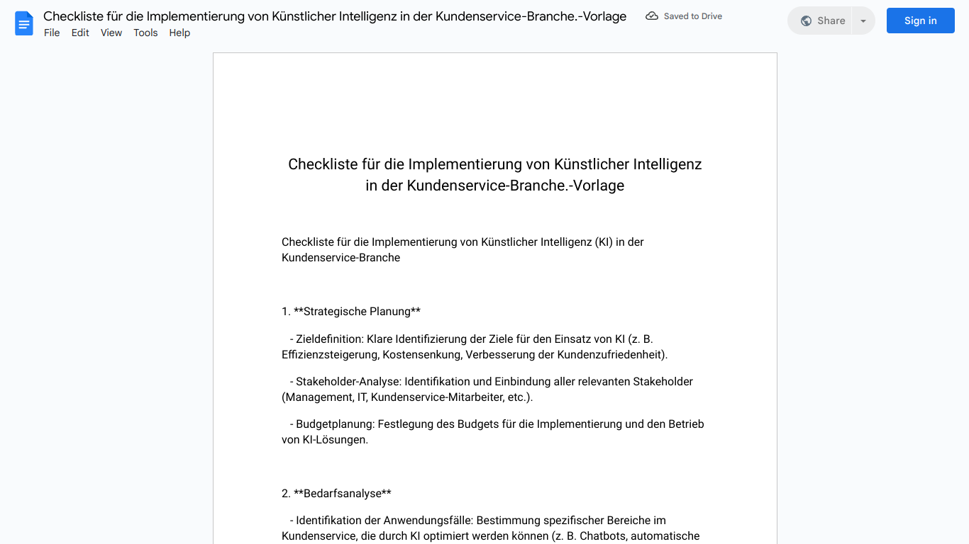 Checkliste für die Implementierung von Künstlicher Intelligenz in der Kundenservice-Branche.-Vorlage