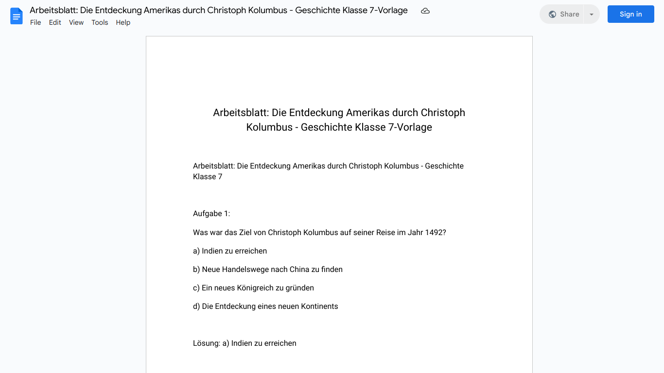 Arbeitsblatt: Die Entdeckung Amerikas durch Christoph Kolumbus - Geschichte Klasse 7-Vorlage