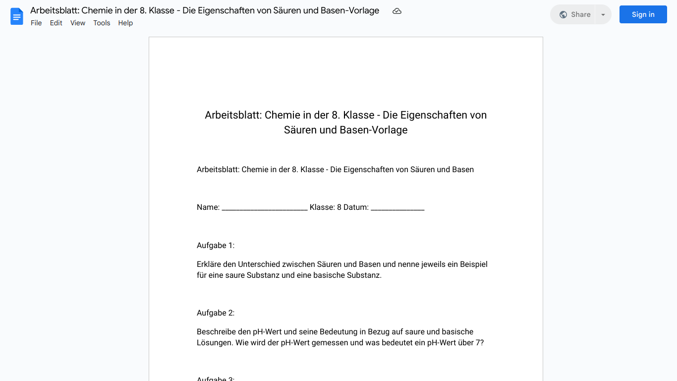 Arbeitsblatt: Chemie in der 8. Klasse - Die Eigenschaften von Säuren und Basen-Vorlage