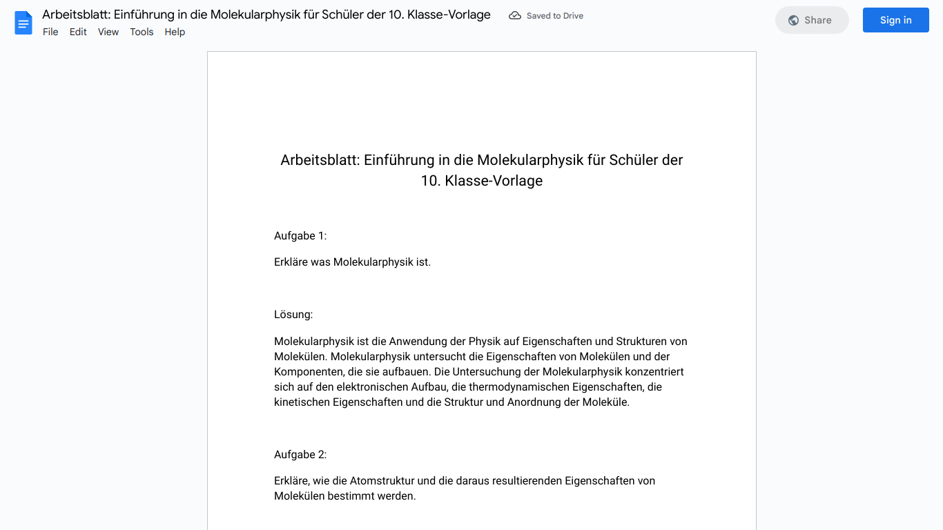 Arbeitsblatt: Einführung in die Molekularphysik für Schüler der 10. Klasse-Vorlage