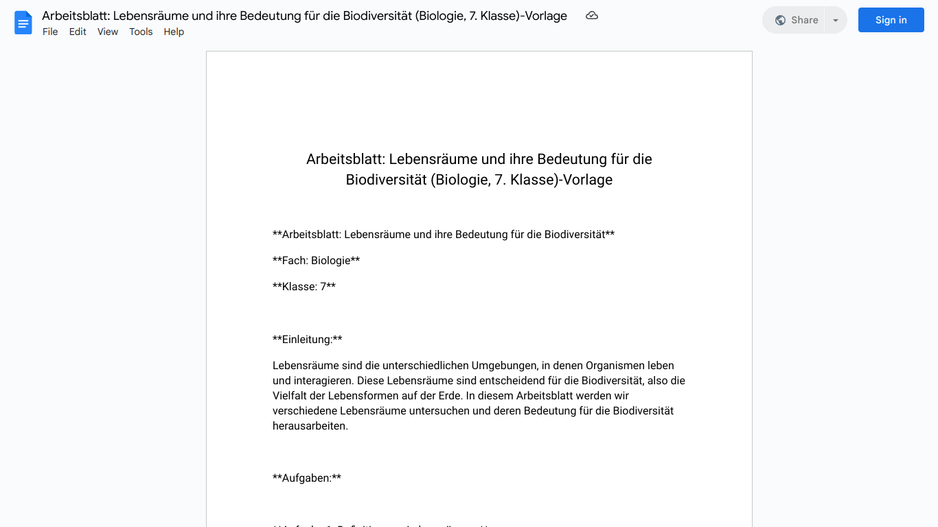 Arbeitsblatt: Lebensräume und ihre Bedeutung für die Biodiversität (Biologie, 7. Klasse)-Vorlage