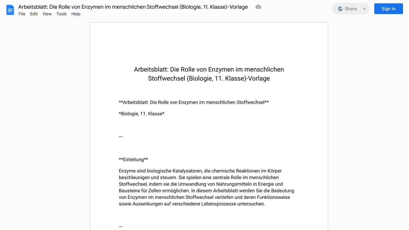 Arbeitsblatt: Die Rolle von Enzymen im menschlichen Stoffwechsel (Biologie, 11. Klasse)-Vorlage