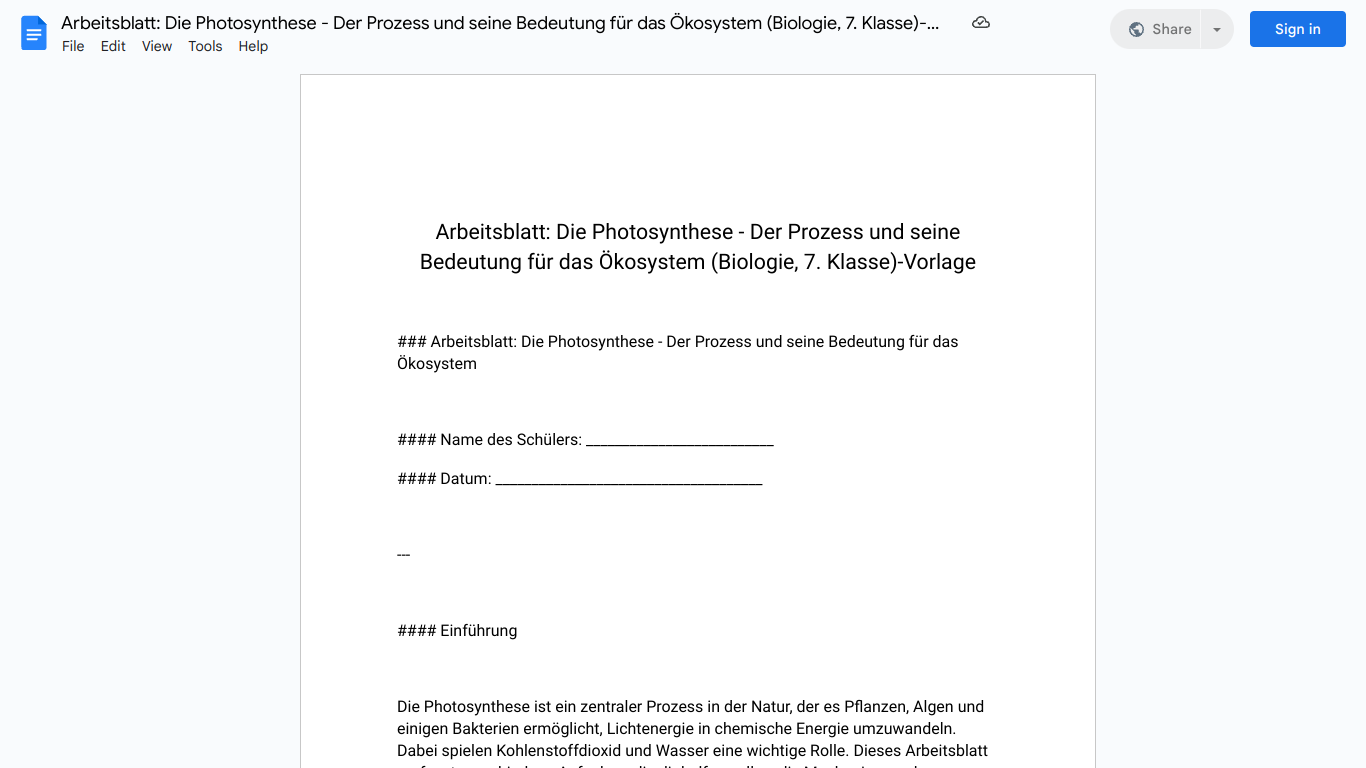 Arbeitsblatt: Die Photosynthese - Der Prozess und seine Bedeutung für das Ökosystem (Biologie, 7. Klasse)-Vorlage