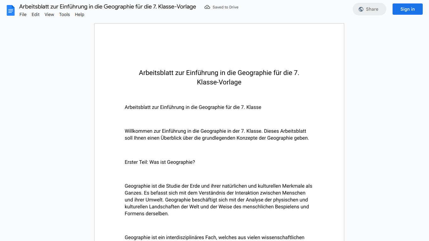 Arbeitsblatt zur Einführung in die Geographie für die 7. Klasse-Vorlage