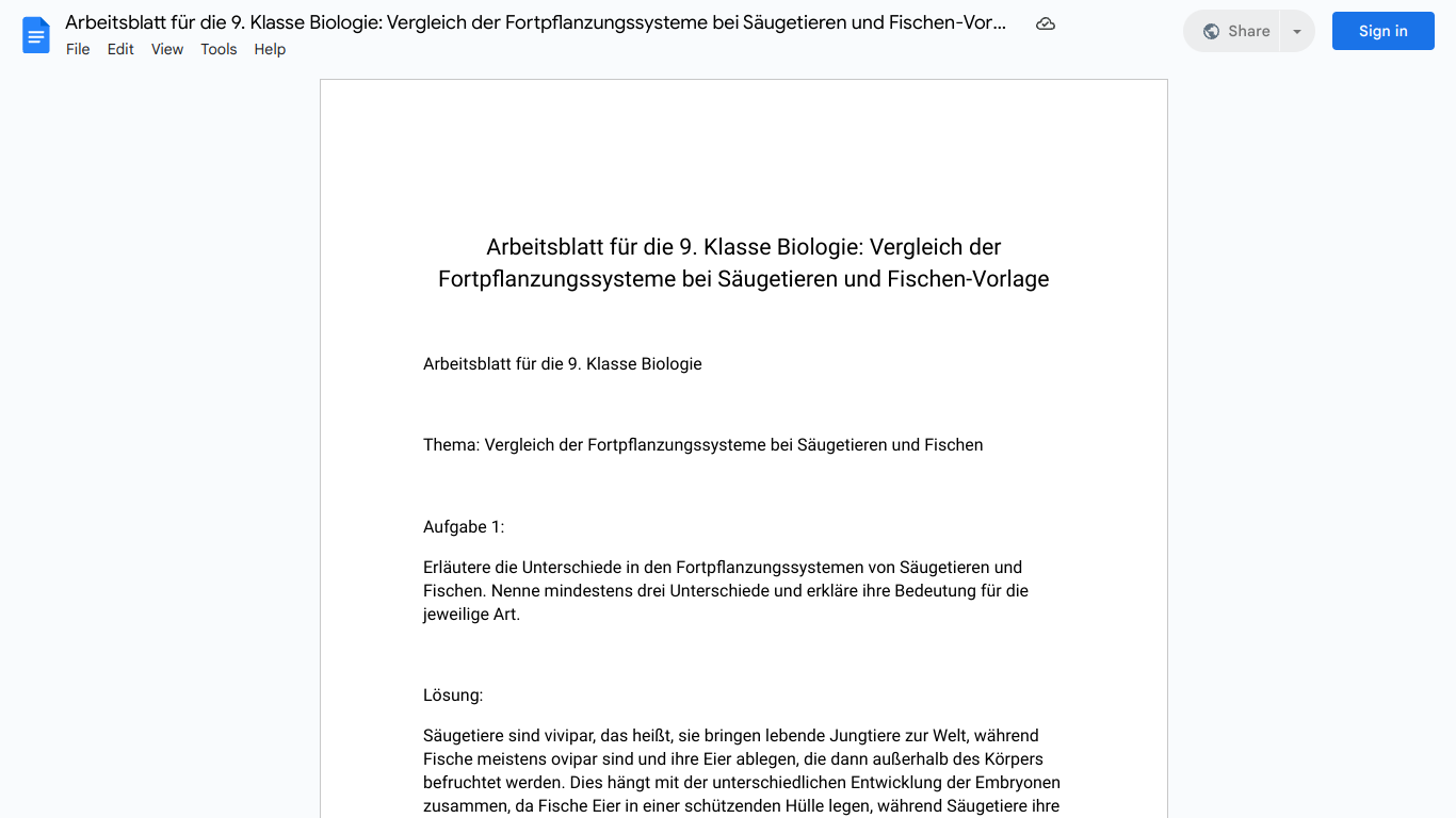 Arbeitsblatt für die 9. Klasse Biologie: Vergleich der Fortpflanzungssysteme bei Säugetieren und Fischen-Vorlage