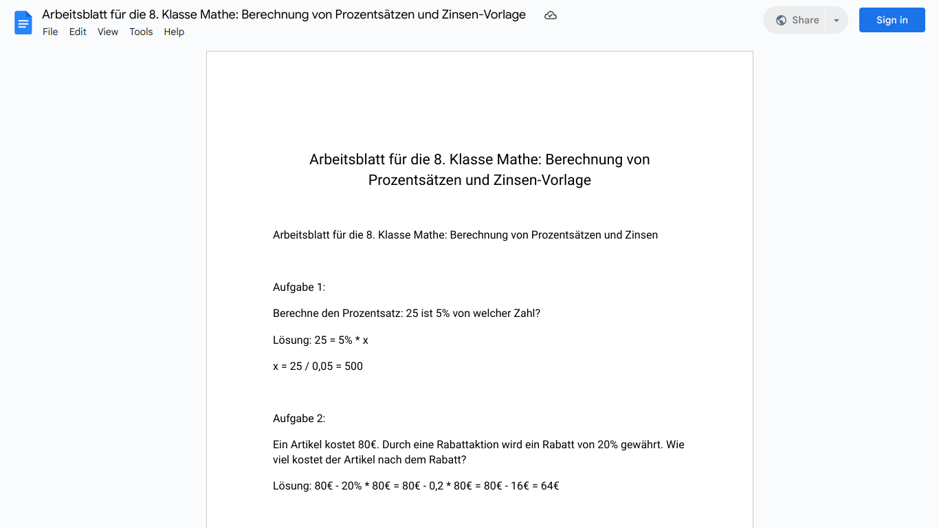 Arbeitsblatt für die 8. Klasse Mathe: Berechnung von Prozentsätzen und Zinsen-Vorlage