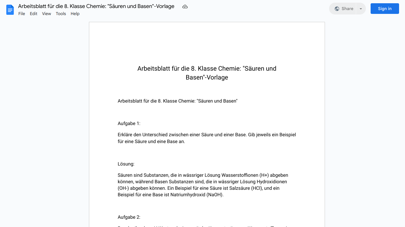 Arbeitsblatt für die 8. Klasse Chemie: "Säuren und Basen"-Vorlage