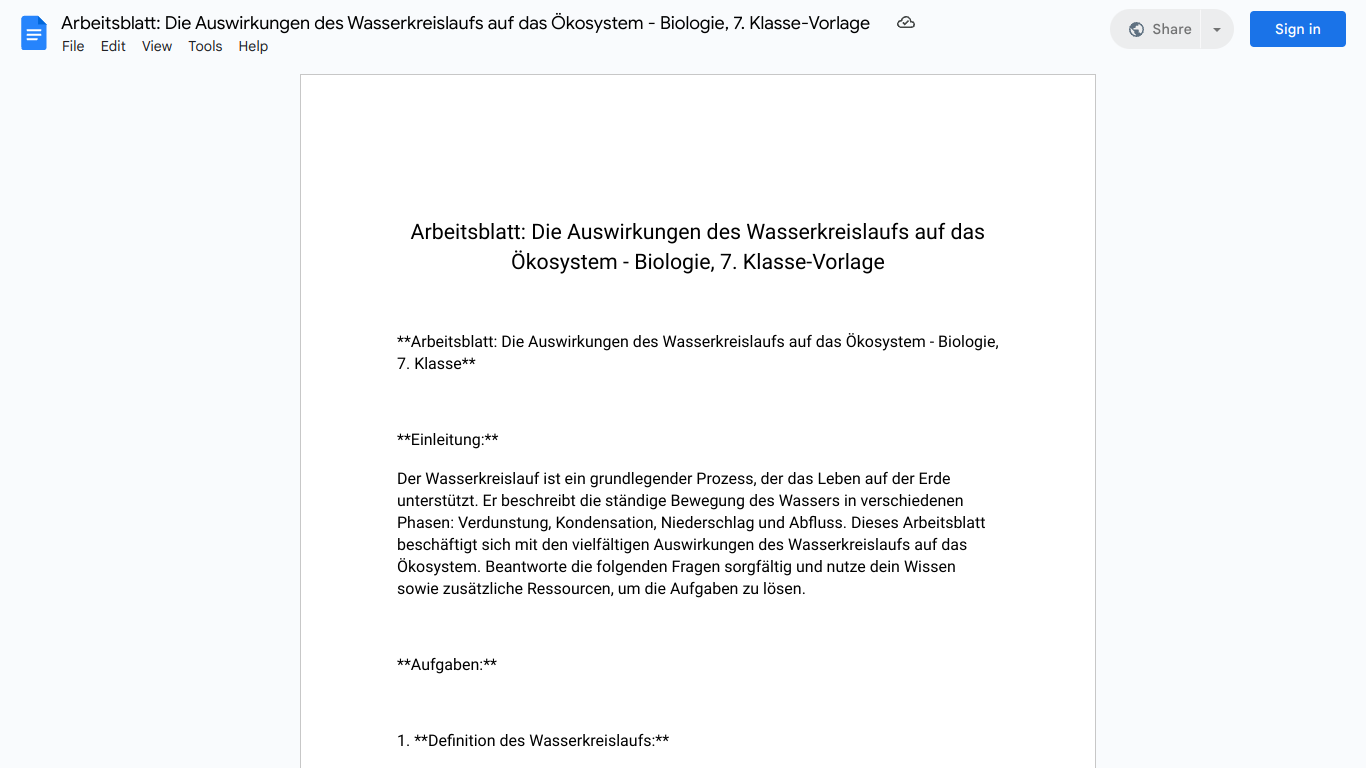 Arbeitsblatt: Die Auswirkungen des Wasserkreislaufs auf das Ökosystem - Biologie, 7. Klasse-Vorlage