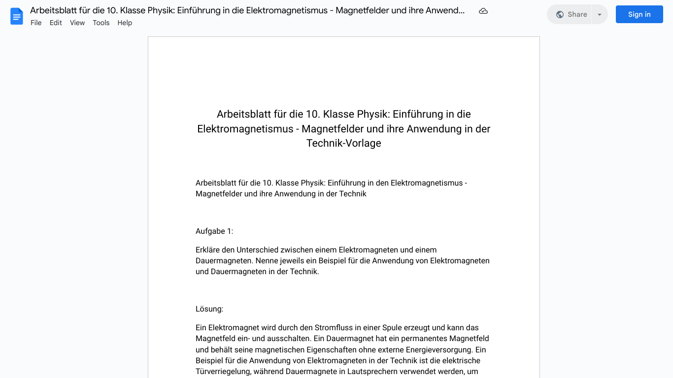 Arbeitsblatt für die 10. Klasse Physik: Einführung in die Elektromagnetismus - Magnetfelder und ihre Anwendung in der Technik-Vorlage